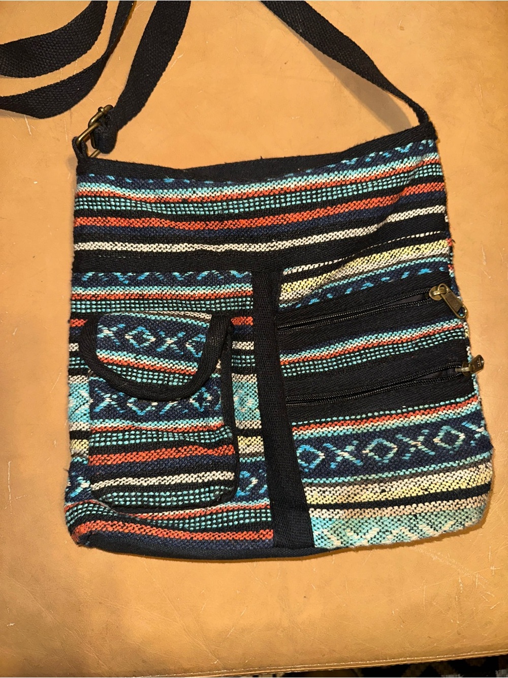 Striped Woven Crossbody Bag in Blue, Black & Cream